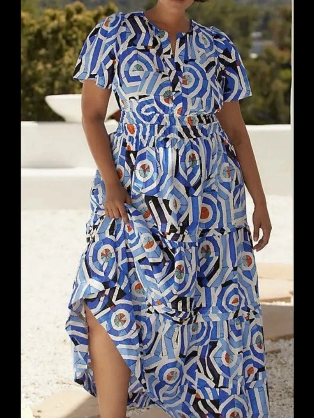 NWT Anthropologie Hawaiian B Geometric Maxi Dress Blue with Orange Accents